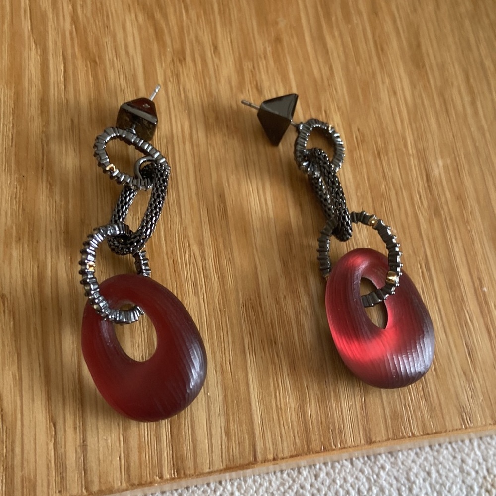 Alexis Bittar earrings lucite burgundy, color, and Swarovski crystals